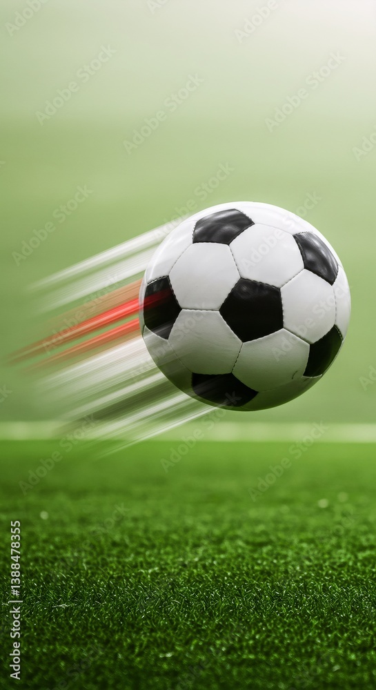 Obraz premium Flying soccer ball on green field background with motion blur effect. Sports betting concept. World Cup, Champions League, football tournament design