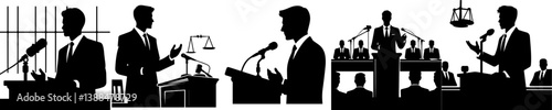 vector set of silhouettes of lawyers giving speeches in courtroom