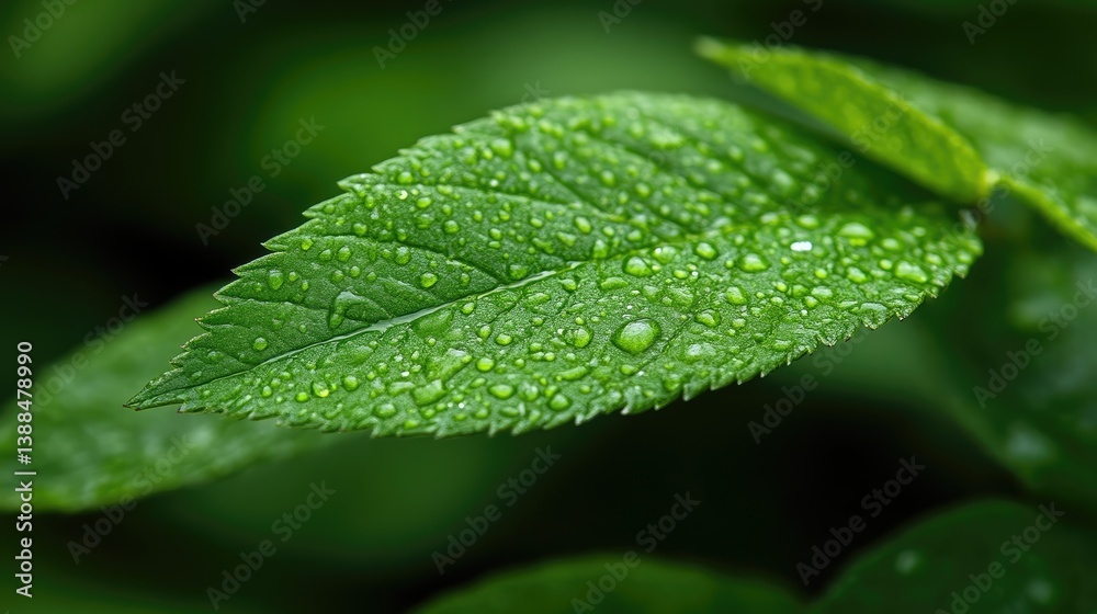 Close-up of a vibrant green leaf covered in dew drops Close-up of a vibrant green leaf covered in dew drops
