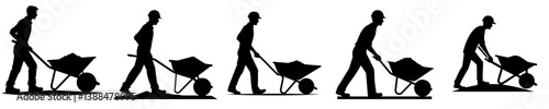 vector set of silhouettes of construction workers pushing wheelbarrows
