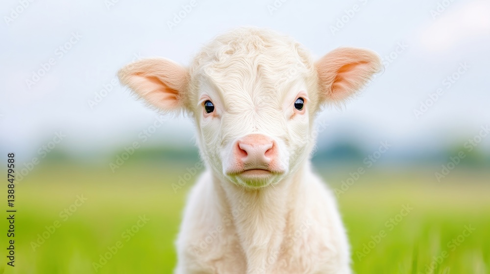 Fototapeta premium A white calf sits in a grassy field. Its soft fur and large eyes are prominent. The background is blurred, showing a shallow depth of field. The image is high-quality with natural lighting, creating