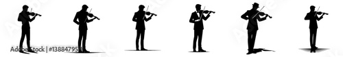 vector set of silhouettes of a person in a standing pose playing the violin