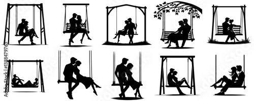 vector set of silhouettes of a couple of lovers on a swing