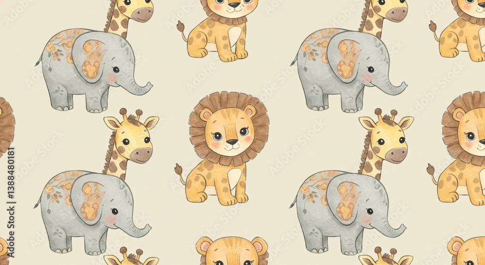 Obraz premium Adorable Watercolor Safari Animals Seamless Pattern Elephants Lions Giraffes
