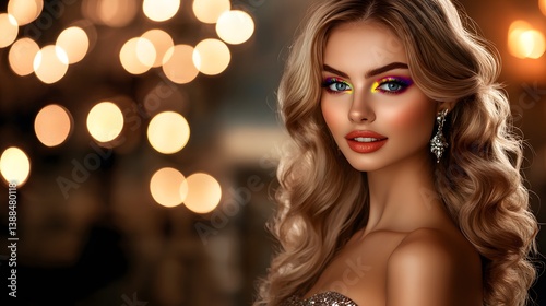 Stunning Blonde Woman with Colorful Makeup and Bokeh Lights