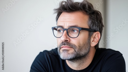 A high-resolution portrait shows a middle-aged man with salt-and-pepper hair and dark-framed glasses. Hes wearing a black shirt, and his expression is contemplative. The lighting is soft and natural,