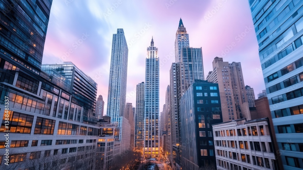 Obraz premium Urban skyline at dusk, showcasing towering skyscrapers and cityscapes