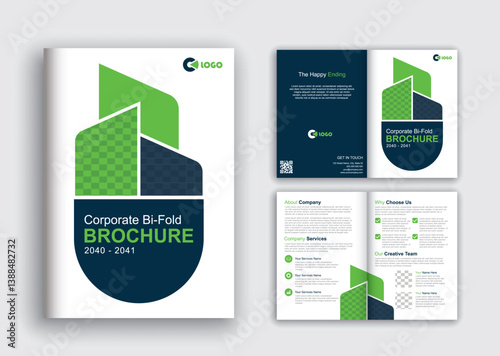 Modern creative bi fold corporate brochure layout template design with green color