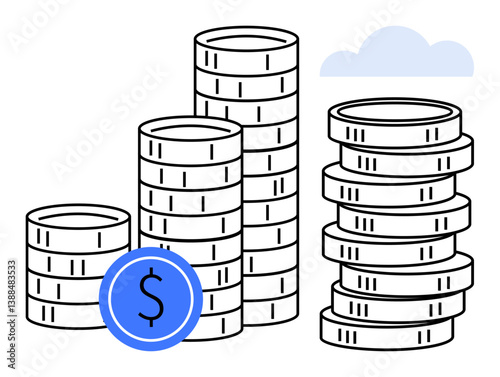 Columns of coins with a blue dollar icon and a cloud suggest financial growth, savings, investment returns, budgeting, digital banking, fintech innovation, and financial planning. Flat simple