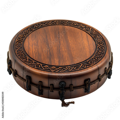 A Wooden Irish Bodhran Drum with Carved Handle Isolated on Transparent Background