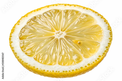 Freshly cut lemon half with vibrant yellow flesh and white pith on a soft gradient background,A half of a lemon on a white surface, great for still life photography or food styling,A fresh lemon pic.