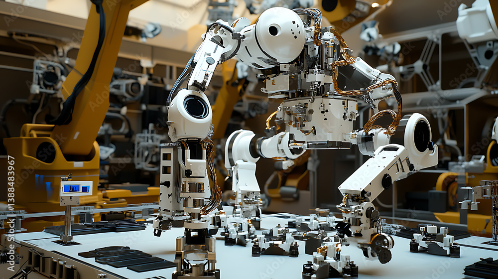 Mechanical arms constructing modular robots for space exploration in an aerospace engineering facility, robotic arms assembling modular components, sensors