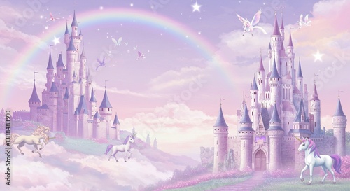 Magical Unicorn Fantasy Pastel Castles Rainbow Unicorns and Fairies in Dreamland