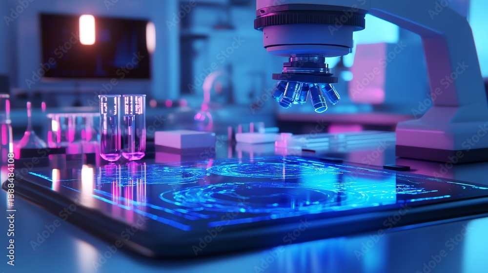 Microscope Examining Data Displayed on Tablet in Modern Laboratory Setting Microscope Examining Data Displayed on Tablet in Modern Laboratory Setting