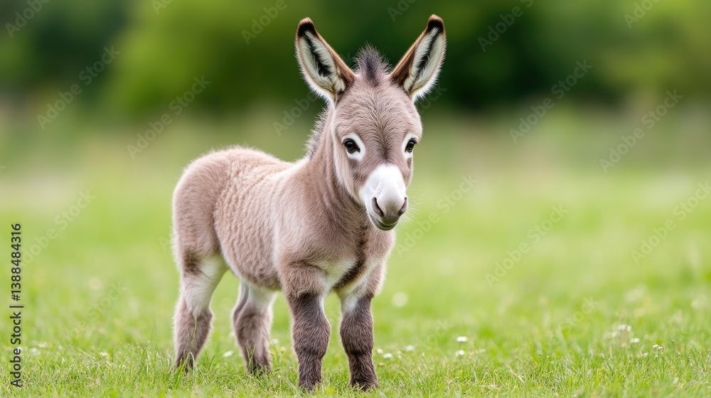 Adorable miniature donkey foal in a grassy field Adorable miniature donkey foal in a grassy field