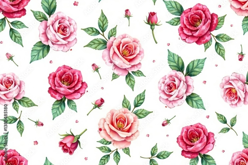 Naklejka premium Delicate watercolor roses and leaves, repeating pattern , repeat, rose, floral