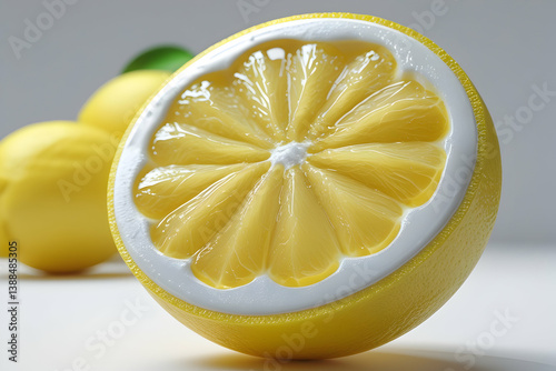 Freshly cut lemon half with vibrant yellow flesh and white pith on a soft gradient background,A half of a lemon on a white surface, great for still life photography or food styling,A fresh lemon pic.