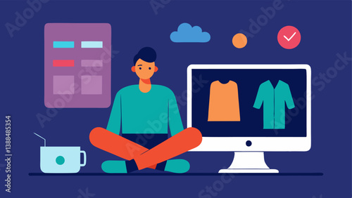 Creative Workspace A digital artist sitting at a sleek computer surrounded by colorful sketches of virtual outfits displayed on the screen with a futuristic looking tablet beside