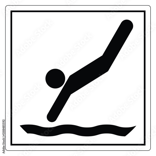 Icon illustration of a person diving into water in a minimalist black and white design for signage and graphics