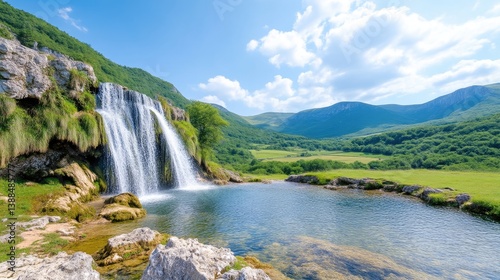 Majestic waterfall cascading into a tranquil pool, nestled amidst lush greenery and mountains