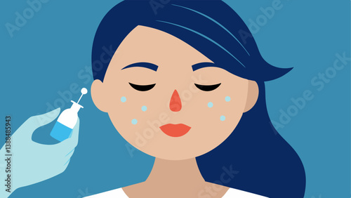Nanoparticle Application A closeup of a facial treatment where a hand is applying a gel or serum containing tiny dots representing nanoparticles to the womans cheek.