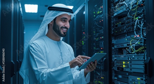 Emirati IT Specialist in data center with servers, perfect for illustrating IT expertise, data management, network solutions, tech companies, business professionals, & digital transformation content.