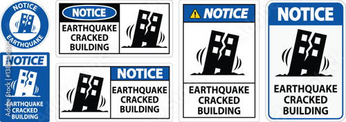 Earthquake Warning Sign with Cracked Building
