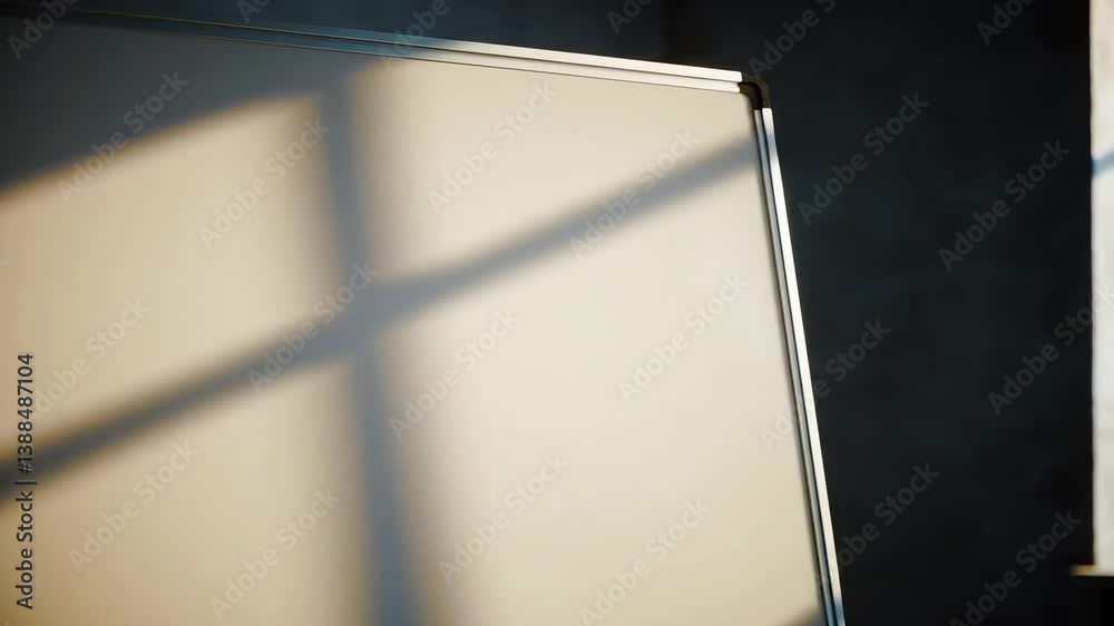 Whiteboard in a simple clean setting soft light casting shadows on its surface accentuating the smooth texture and edges of the board.