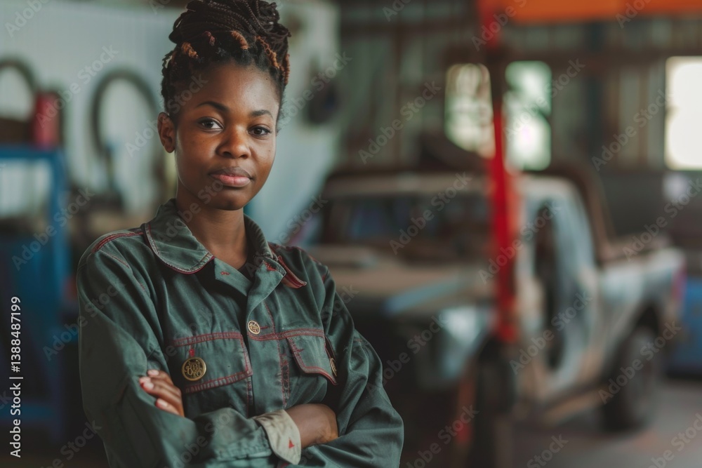 Portrait of a young African American female automotive mechanic Portrait of a young African American female automotive mechanic