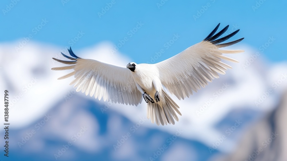 Obraz premium Majestic white bird soaring through a vibrant blue sky, over snow-capped mountains. A stunning display of flight and freedom