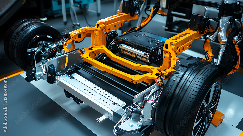 Fototapeta premium Mechanical arms constructing robotic arms for autonomous electric vehicle assembly in an automotive lab, robotic arms fitting electric motors, battery packs