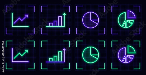 Businness graphs symbol set, cyber neon visual, glowing border grid vector.