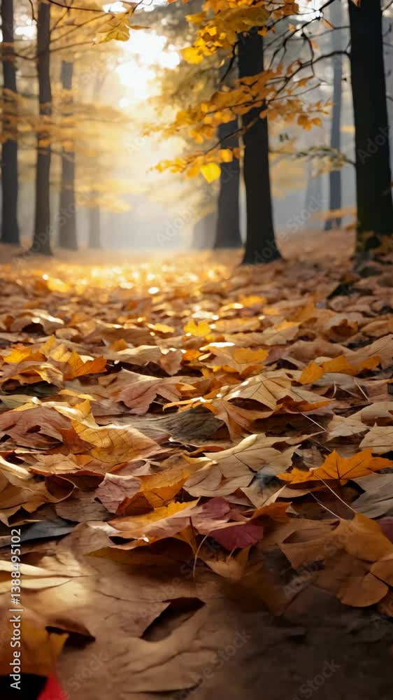 Sunlight through trees illuminating fallen autumn foliage covering a forest ground path, creating a scenic and peaceful landscape Sunlight through trees illuminating fallen autumn foliage covering a forest ground path, creating a scenic and peaceful landscape