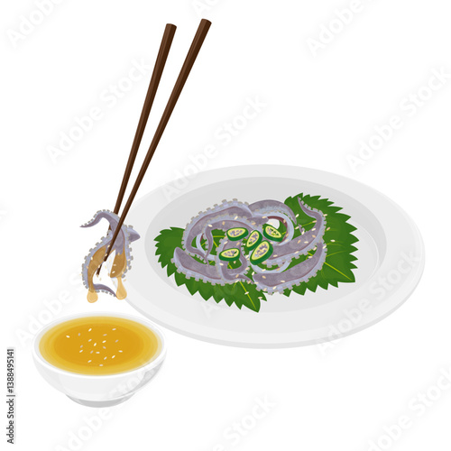 Vector Illustration Logo Clipart Ready to eat Sannakji Korean Raw Octopus Tentacles Dipped in Sesame Oil