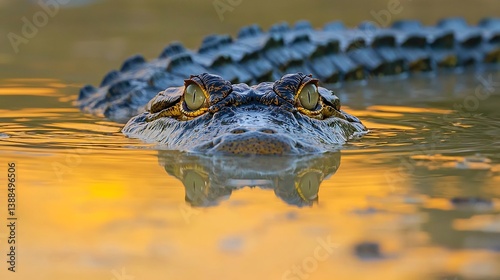 Nile crocodile submerged murky water only eyes visible above surface Amboseli sunset reflecting in still pond