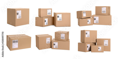 Many different parcels with shipping labels isolated on white, collage