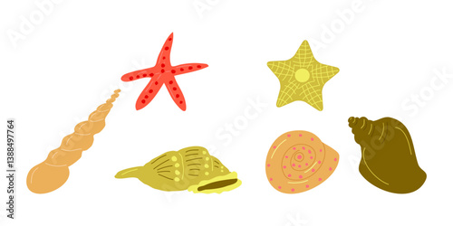 Sea Plants Underwater ocean Marine flora Set. Starfish shells. Design for banner poster template invitation card. Vector illustration.