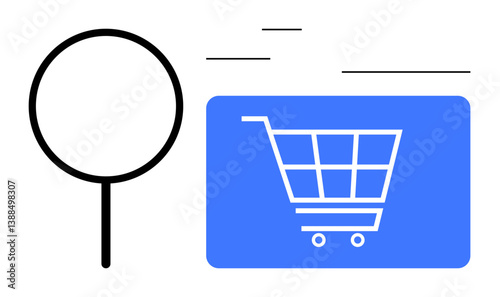 Magnifying glass highlighting search and exploration with a shopping cart symbolizing e-commerce and online buying. Ideal for retail, shopping, e-commerce, technology, innovation, search, business