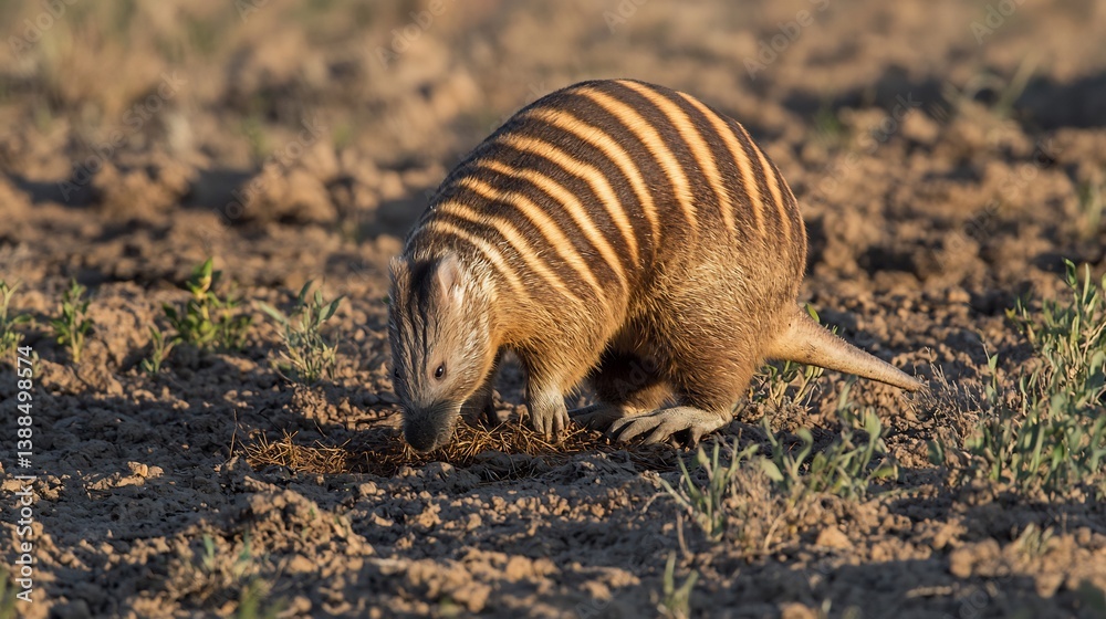 Obraz premium Numbat foraging termites Western Australia striped back glowing in midday sun endangered marsupial