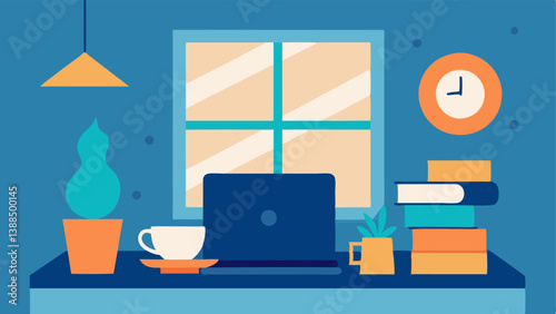 Desk Setup An illustration of a cozy workspace featuring a laptop a notebook filled with scribbled ideas and a steaming cup of coffee with soft sunlight streaming through a window.