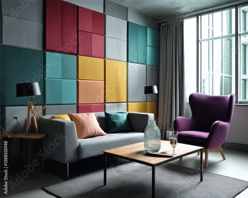A wall with soundproof panels in squares of vibrant crimson, forest green, pastel blue, golden yellow, soft peach, black, and ivory