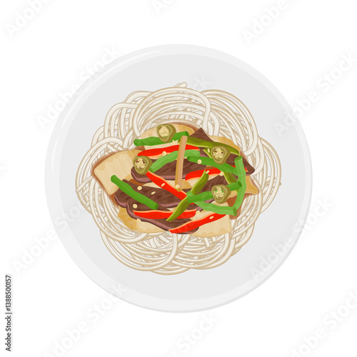 Vector Illustration Logo Clipart top View Laghman Noodles on a Plate