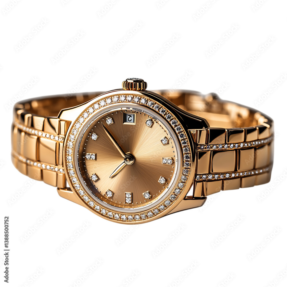 Womens Elegant Watch with Gold Case and Diamond Dial Isolated on Transparent Background Womens Elegant Watch with Gold Case and Diamond Dial Isolated on Transparent Background