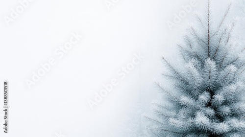 A snow-covered evergreen tree standing alone in a serene winter landscape, soft focus background with gentle snowfall, and peaceful nature scene.