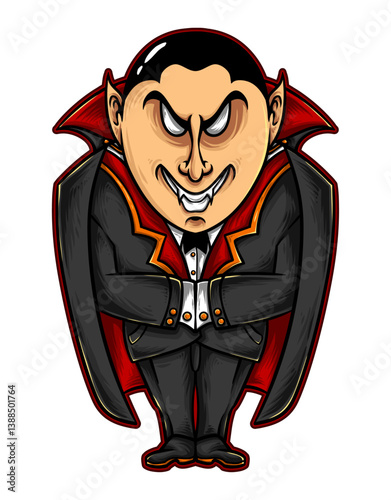 Konstfotografi Sinister Specter: A stylized depiction of a classic vampire, exuding an aura of malevolence with sharp fangs, intense eyes, and a distinguished yet ominous attire