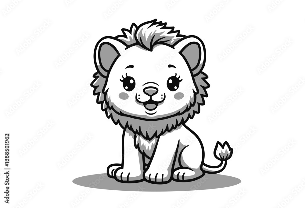 Black and white cartoon lion character smiling in a playful pose Black and white cartoon lion character smiling in a playful pose