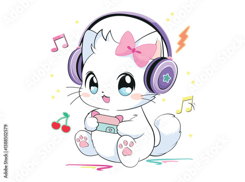 cute kitten listening to music with headphones