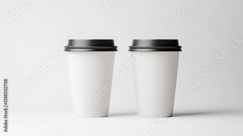 Two white disposable coffee cups with black lids are shown. They are positioned side-by-side against a simple white background. The image is clean and minimalist, with even lighting. The style is str photo