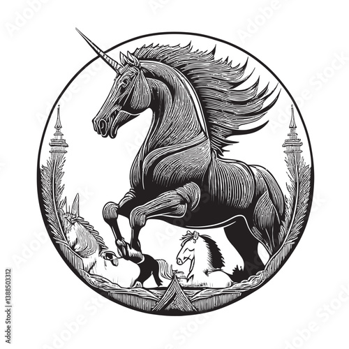 Majestic Unicorn Surrounded by Enchanted Forest Elements