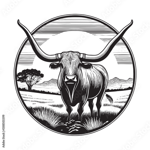 Highland Cow in a Rustic Landscape with Rolling Hills and Trees